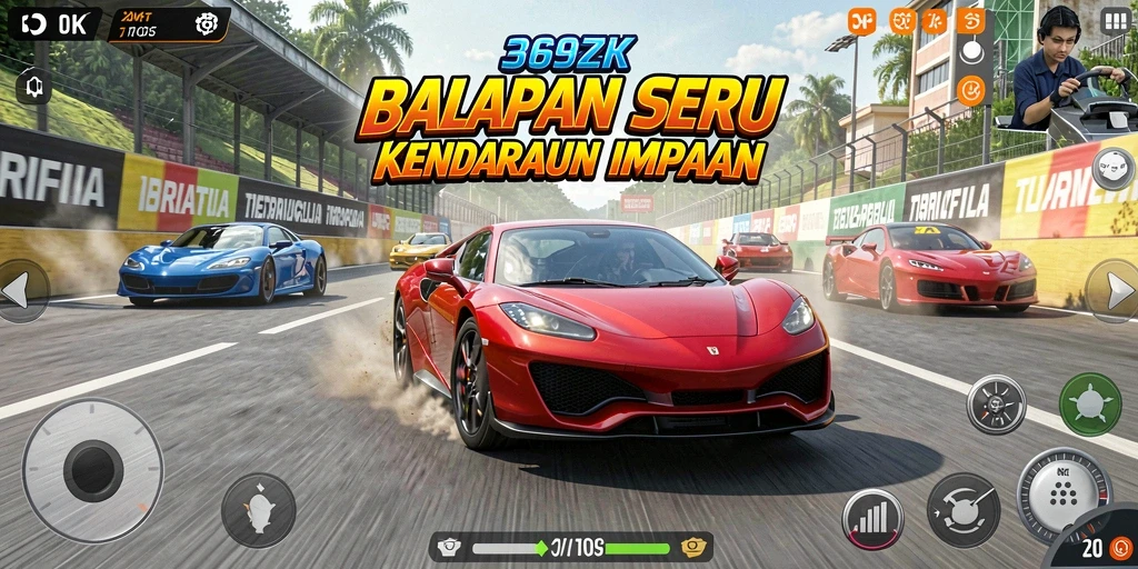 Screenshot gameplay 369ZK menampilkan mobil balap melaju cepat di lintasan.