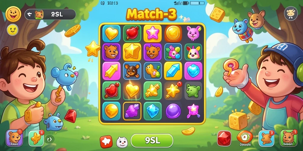 Screenshot gameplay 9SL yang menampilkan aksi Match-3 seru dan menantang.