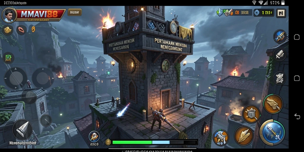 Screenshot menampilkan gameplay menegangkan dalam AMAVI88 Tower Defense.
