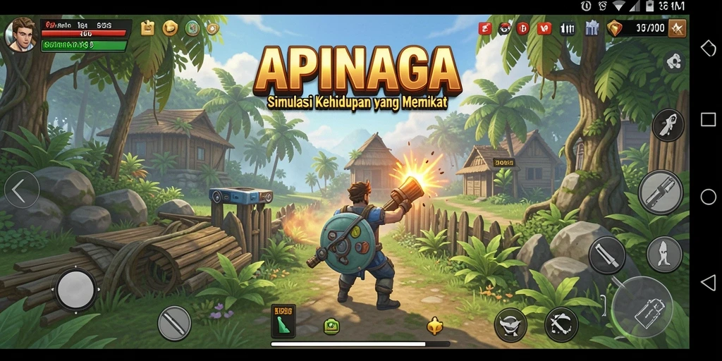 Tampilan gameplay APINAGA dengan interaksi karakter yang dinamis.