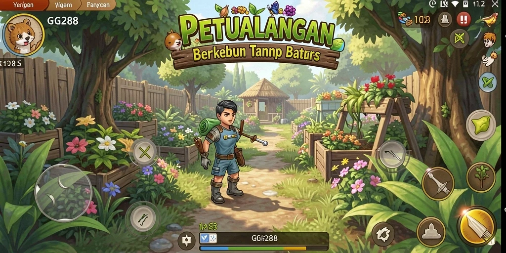Tampilan gameplay GG288 dengan berbagai tanaman yang subur.