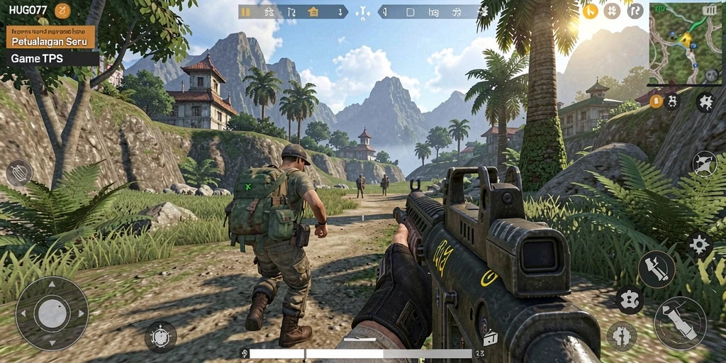 Screenshot HUGO77 menampilkan aksi pertempuran yang seru dalam gameplay TPS.