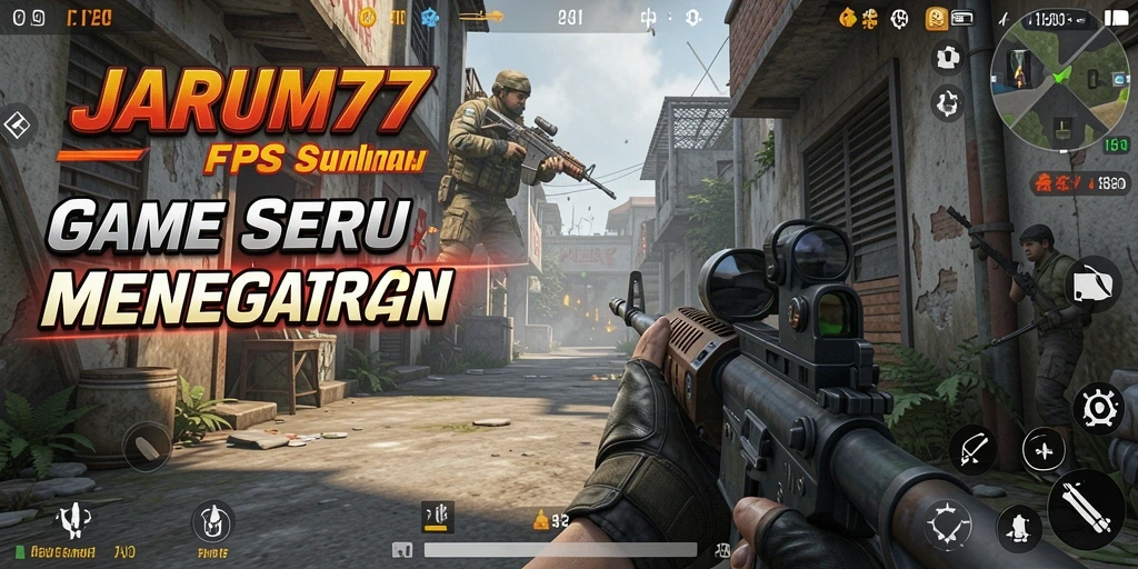 Screenshot utama JARUM77 menampilkan aksi gameplay FPS yang intens.