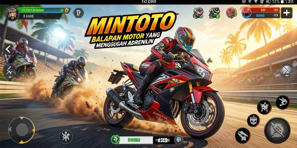 Tampilan gameplay MINTOTO dengan aksi balapan motor yang mendebarkan.