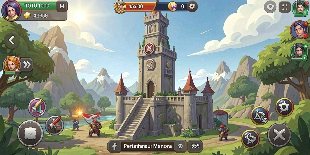 Tampilan gameplay TOTO1000 dengan menara yang berfungsi menghalau musuh.