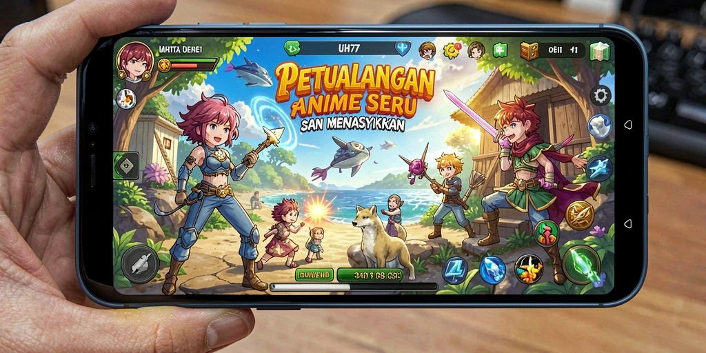 Tangkapan layar UH77 menampilkan aksi seru dan karakter anime yang menarik.