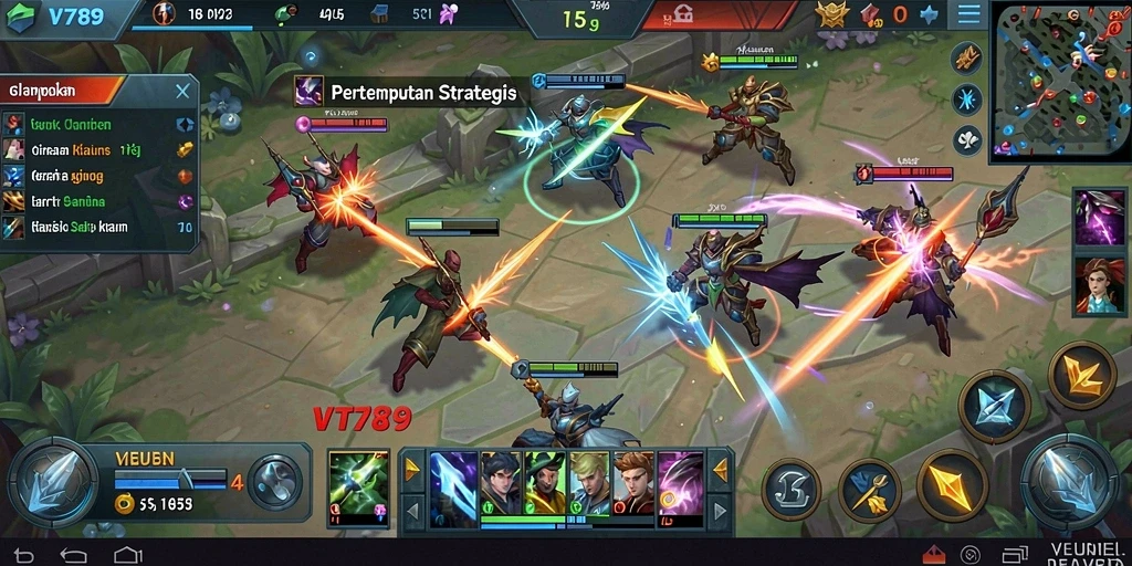 Screenshot gameplay VT789, menampilkan pertarungan seru antara tim di arena.