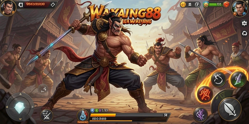Tangkapan layar utama WAYANG88 menampilkan pertarungan epik dengan karakter wayang.